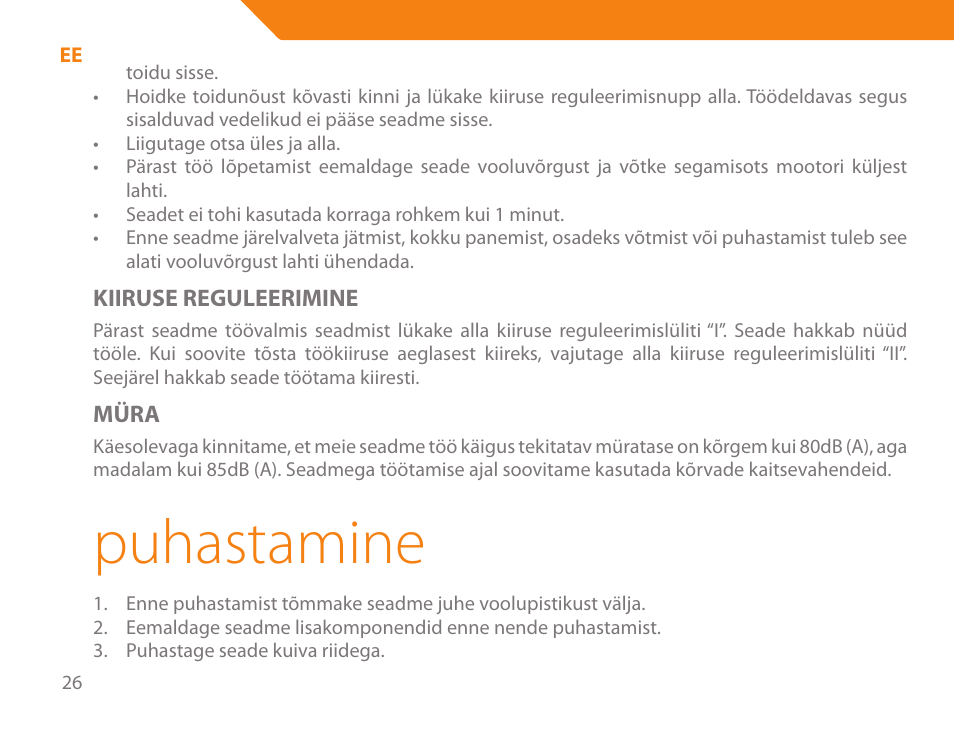 Puhastamine | Acme BE-100 User Manual | Page 26 / 88