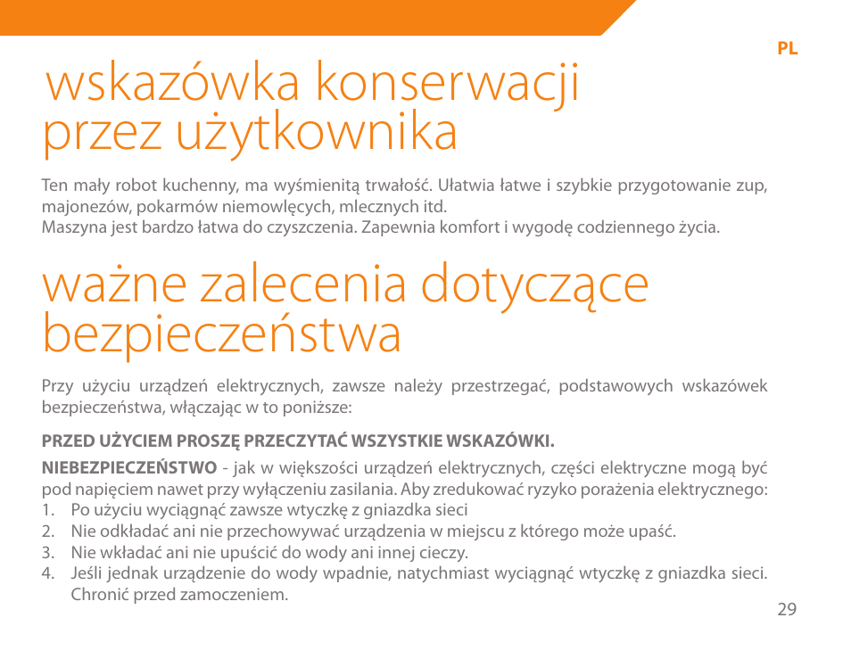 Wskazówka konserwacji przez użytkownika, Ważne zalecenia dotyczące bezpieczeństwa | Acme BE-100 User Manual | Page 29 / 88