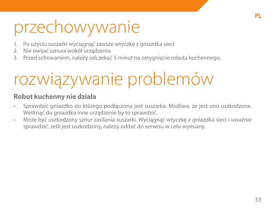 Przechowywanie, Rozwiązywanie problemów | Acme BE-100 User Manual | Page 33 / 88