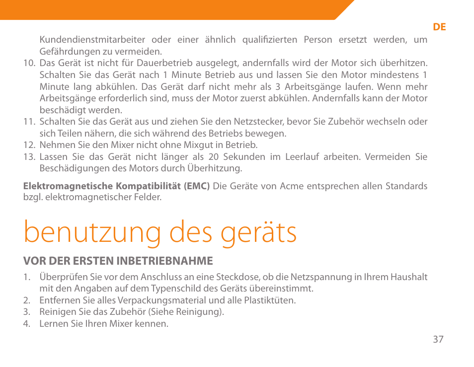 Benutzung des geräts | Acme BE-100 User Manual | Page 37 / 88