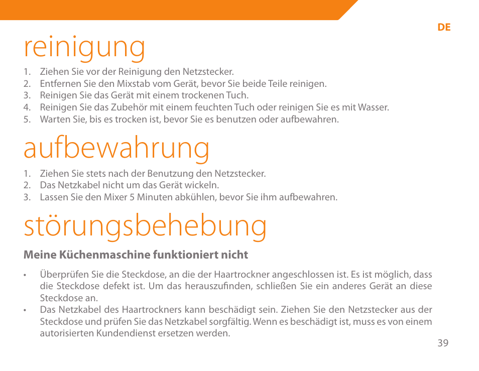 Reinigung, Aufbewahrung, Störungsbehebung | Acme BE-100 User Manual | Page 39 / 88
