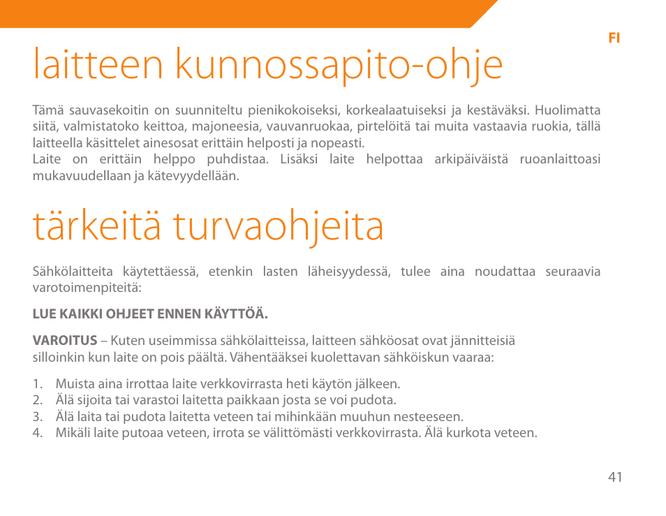 Laitteen kunnossapito-ohje, Tärkeitä turvaohjeita | Acme BE-100 User Manual | Page 41 / 88