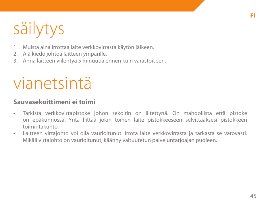 Säilytys, Vianetsintä | Acme BE-100 User Manual | Page 45 / 88