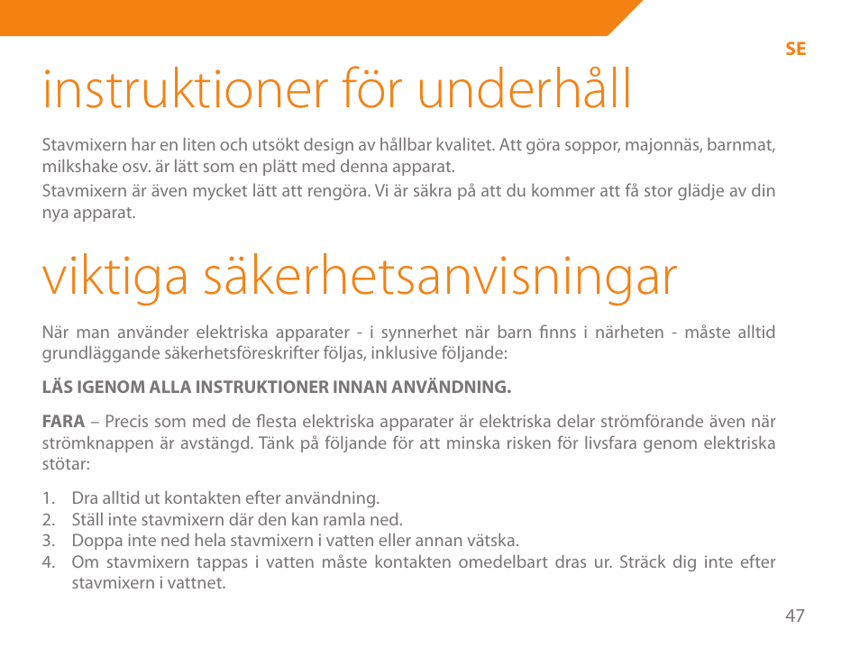 Instruktioner för underhåll, Viktiga säkerhetsanvisningar | Acme BE-100 User Manual | Page 47 / 88