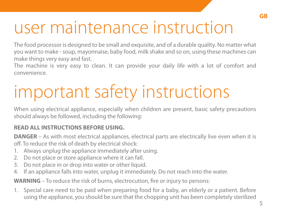 User maintenance instruction, Important safety instructions | Acme BE-100 User Manual | Page 5 / 88