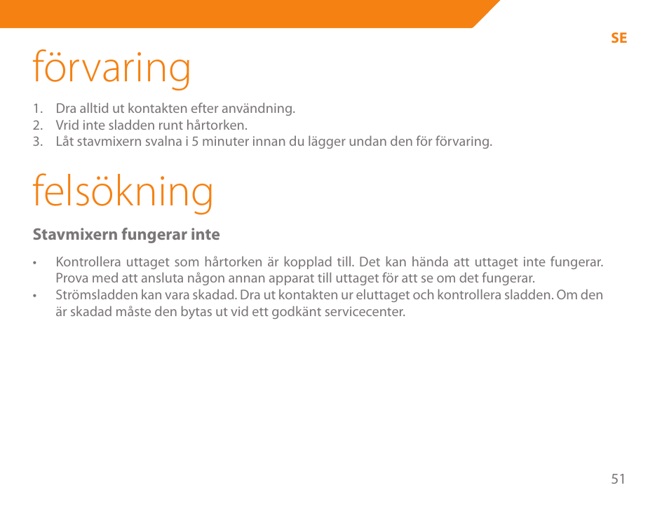 Förvaring, Felsökning | Acme BE-100 User Manual | Page 51 / 88