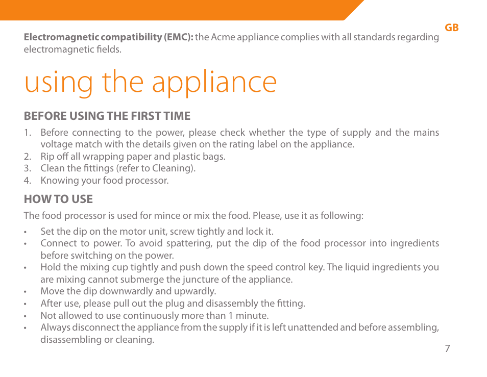 Using the appliance | Acme BE-100 User Manual | Page 7 / 88