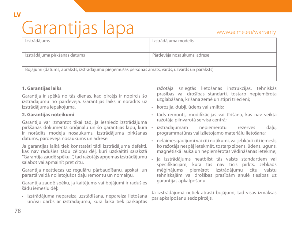 Garantijas lapa | Acme BE-100 User Manual | Page 78 / 88