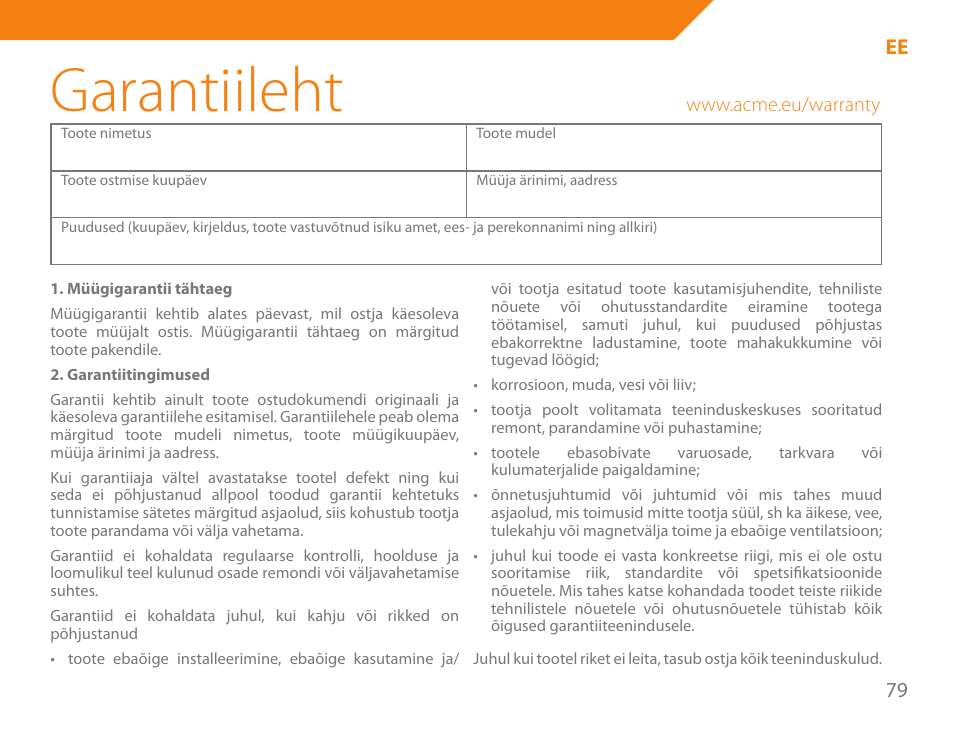 Garantiileht, 79 ee | Acme BE-100 User Manual | Page 79 / 88