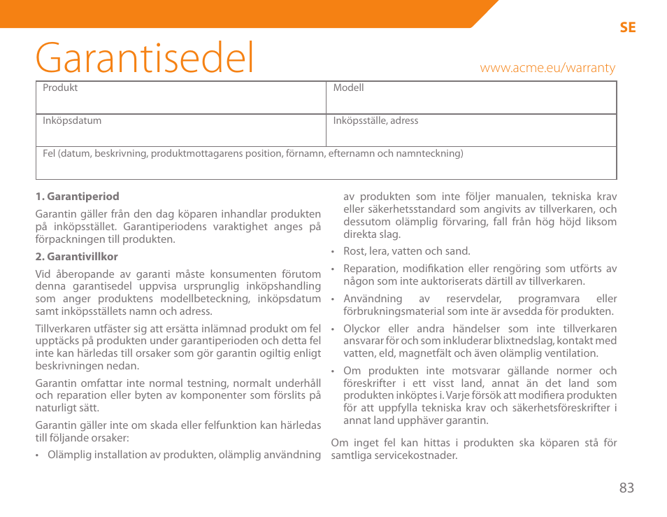 Garantisedel, 83 se | Acme BE-100 User Manual | Page 83 / 88