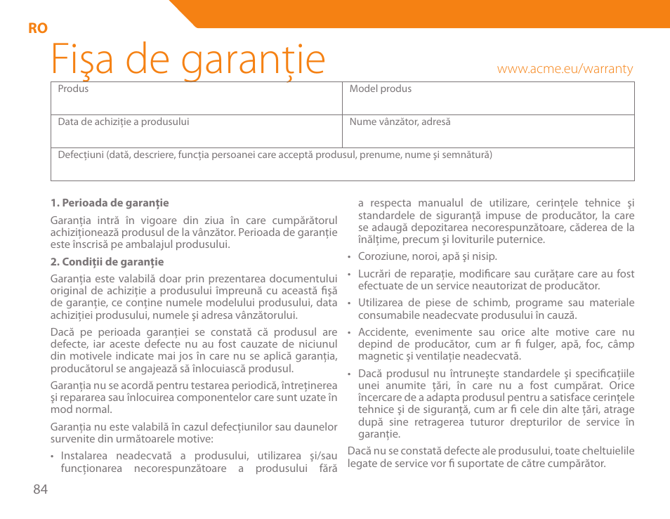 Fişa de garanţie | Acme BE-100 User Manual | Page 84 / 88