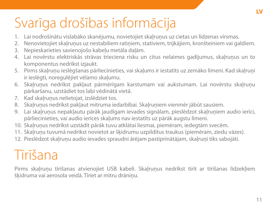 Svarīga drošības informācija, Tīrīšana | Acme SS-108 User Manual | Page 11 / 52