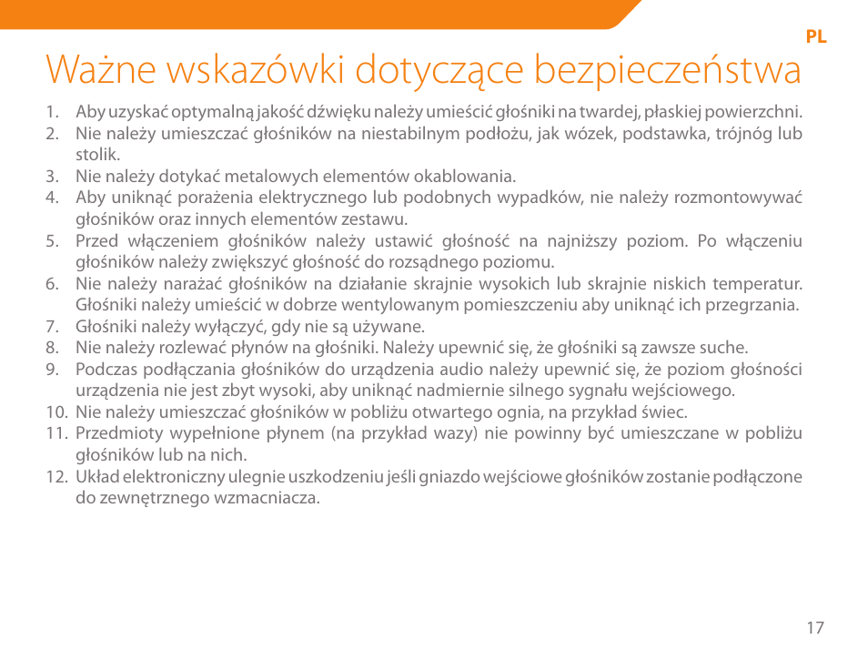 Ważne wskazówki dotyczące bezpieczeństwa | Acme SS-108 User Manual | Page 17 / 52