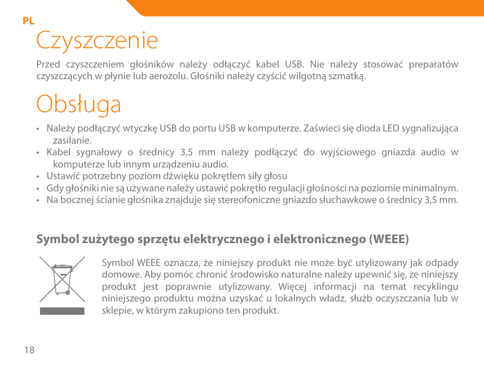 Czyszczenie, Obsługa | Acme SS-108 User Manual | Page 18 / 52