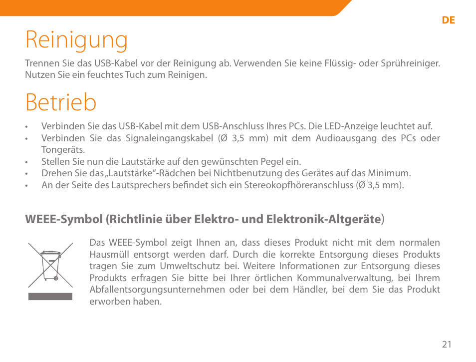 Reinigung, Betrieb | Acme SS-108 User Manual | Page 21 / 52