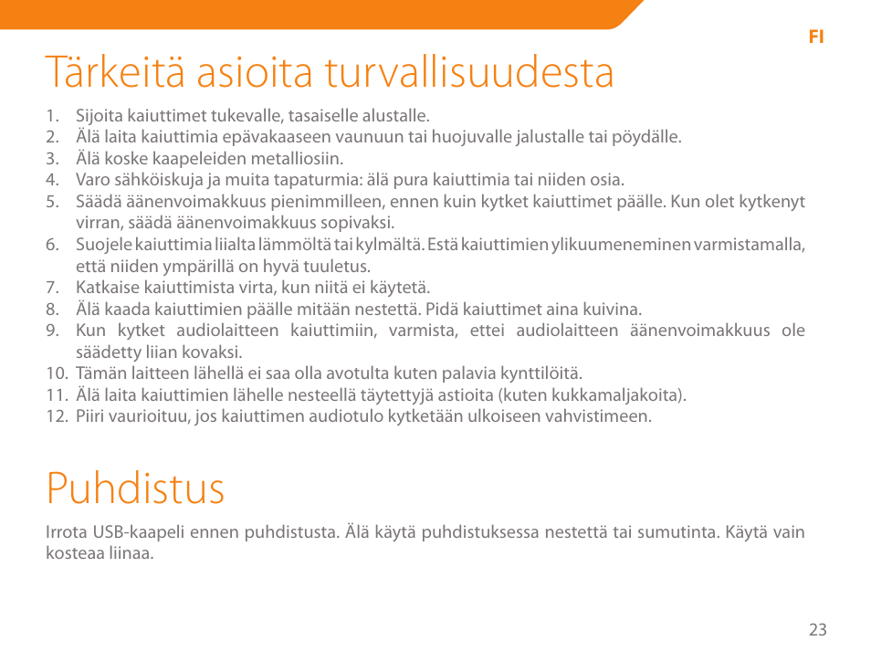 Tärkeitä asioita turvallisuudesta, Puhdistus | Acme SS-108 User Manual | Page 23 / 52