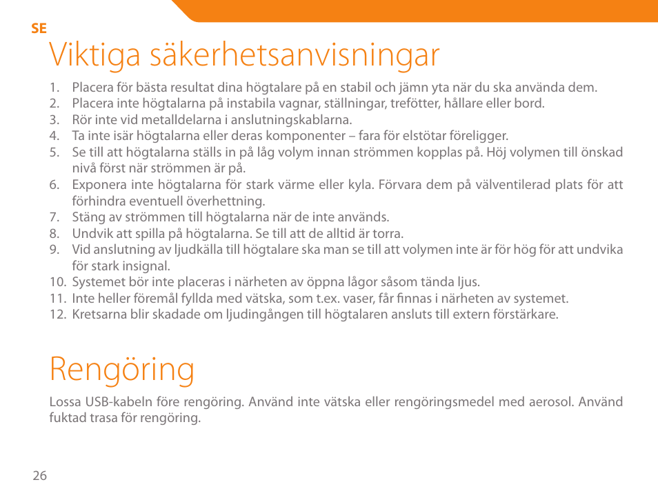 Viktiga säkerhetsanvisningar, Rengöring | Acme SS-108 User Manual | Page 26 / 52