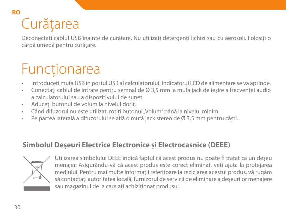 Curăţarea, Funcţionarea | Acme SS-108 User Manual | Page 30 / 52