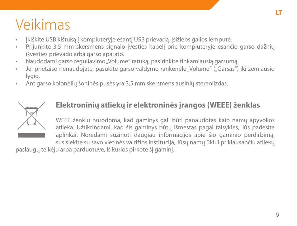 Veikimas | Acme SS-108 User Manual | Page 9 / 52