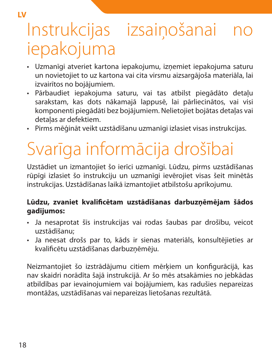 Instrukcijas izsaiņošanai no iepakojuma, Svarīga informācija drošībai | Acme PLB114S User Manual | Page 18 / 100
