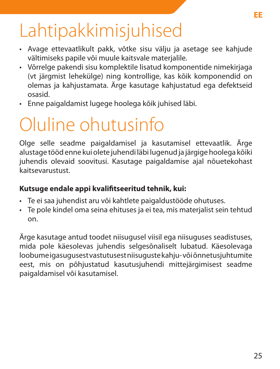 Lahtipakkimisjuhised, Oluline ohutusinfo | Acme PLB114S User Manual | Page 25 / 100