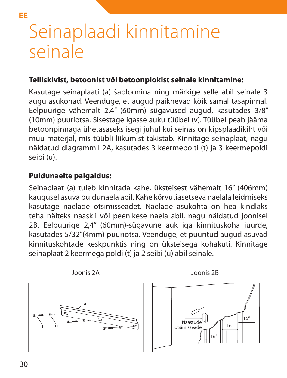 Seinaplaadi kinnitamine seinale | Acme PLB114S User Manual | Page 30 / 100