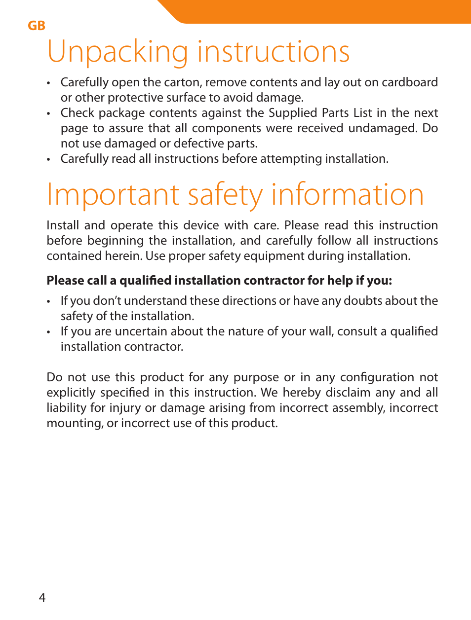 Unpacking instructions, Important safety information | Acme PLB114S User Manual | Page 4 / 100