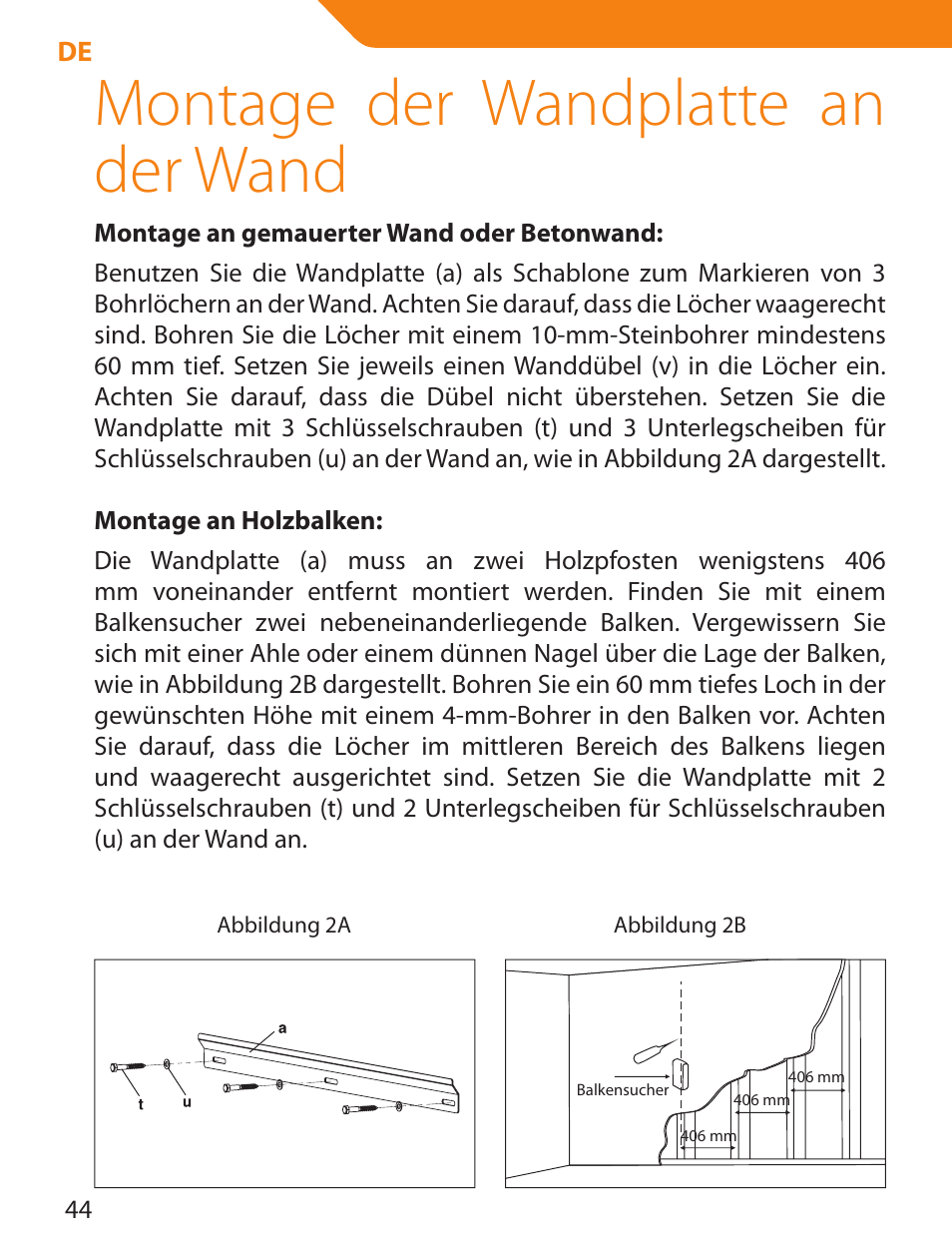 Montage der wandplatte an der wand | Acme PLB114S User Manual | Page 44 / 100