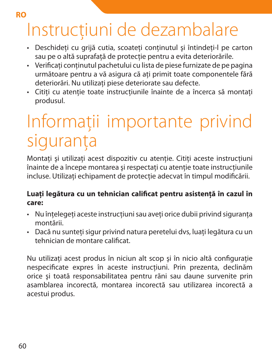 Instrucţiuni de dezambalare, Informaţii importante privind siguranţa | Acme PLB114S User Manual | Page 60 / 100