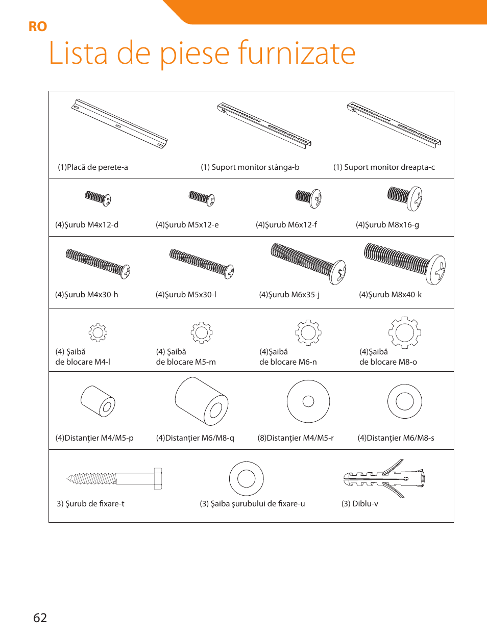 Lista de piese furnizate | Acme PLB114S User Manual | Page 62 / 100