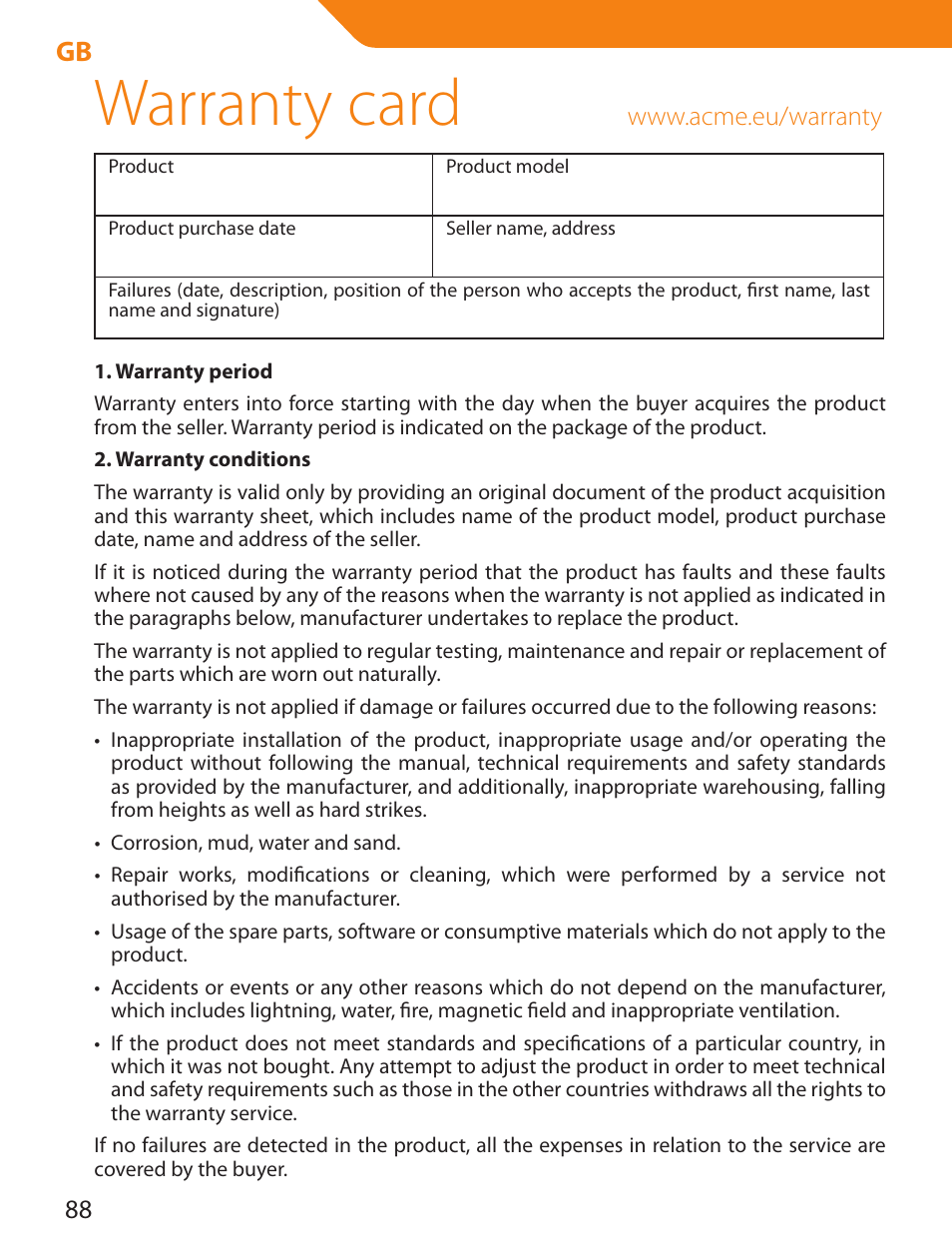 Warranty card | Acme PLB114S User Manual | Page 88 / 100