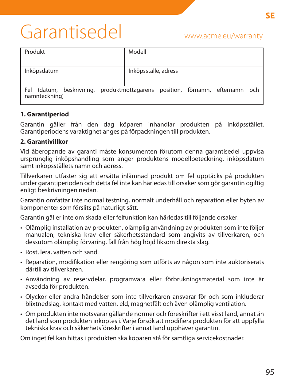 Garantisedel, 95 se | Acme PLB114S User Manual | Page 95 / 100