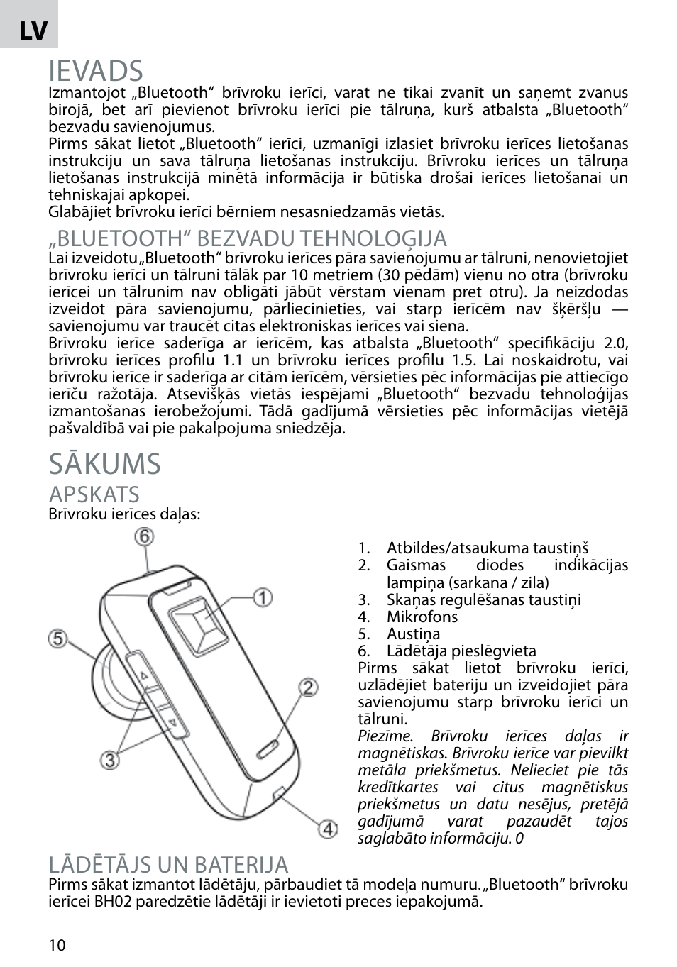 Ievads, Sākums, Bluetooth“ bezvadu tehnoloģija | Apskats, Lādētājs un baterija | Acme BH-02 User Manual | Page 10 / 28