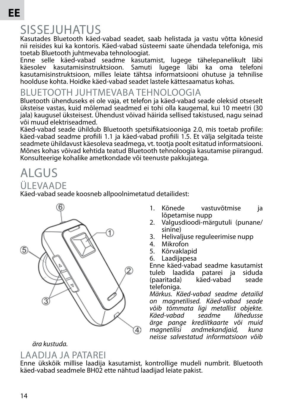 Sissejuhatus, Algus, Bluetooth juhtmevaba tehnoloogia | Ülevaade, Laadija ja patarei | Acme BH-02 User Manual | Page 14 / 28