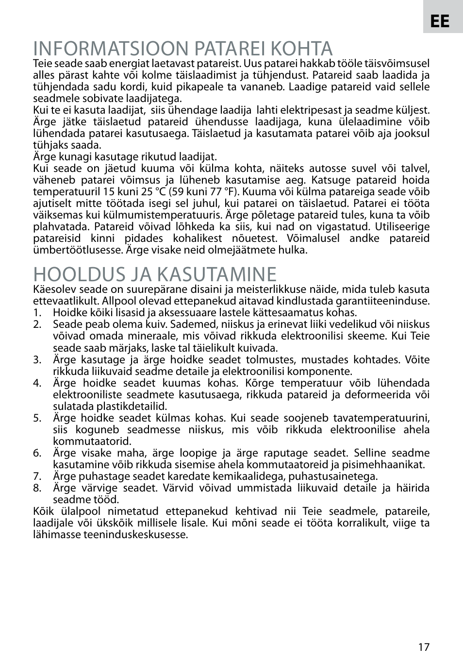 Informatsioon patarei kohta, Hooldus ja kasutamine | Acme BH-02 User Manual | Page 17 / 28