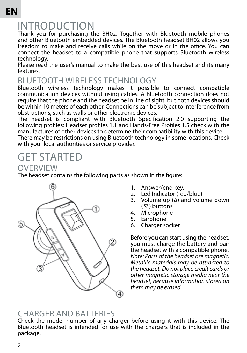 Introduction, Get started, Bluetooth wireless technology | Overview, Charger and batteries | Acme BH-02 User Manual | Page 2 / 28