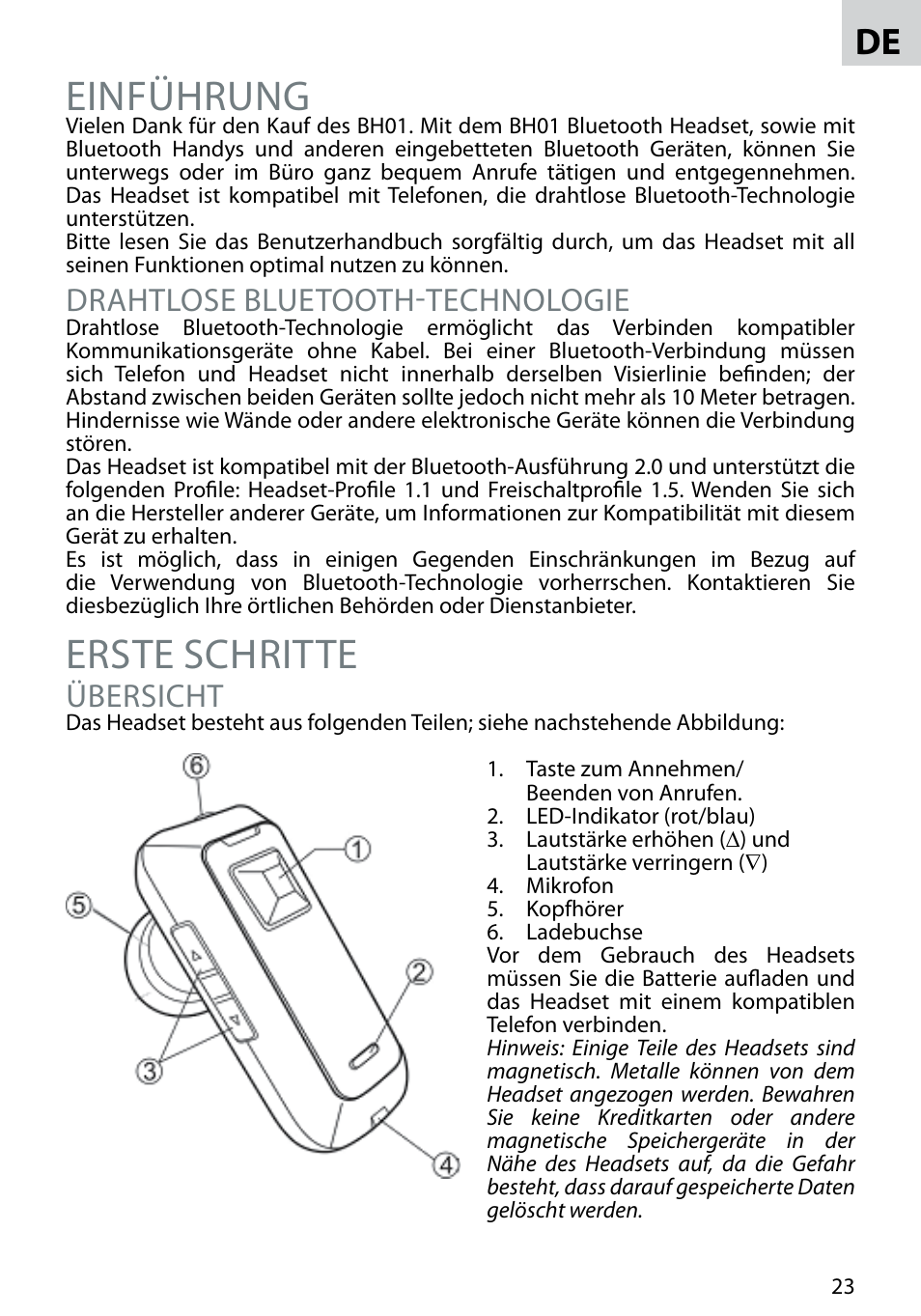 Einführung, Erste schritte, Drahtlose bluetooth-technologie | Übersicht | Acme BH-02 User Manual | Page 23 / 28