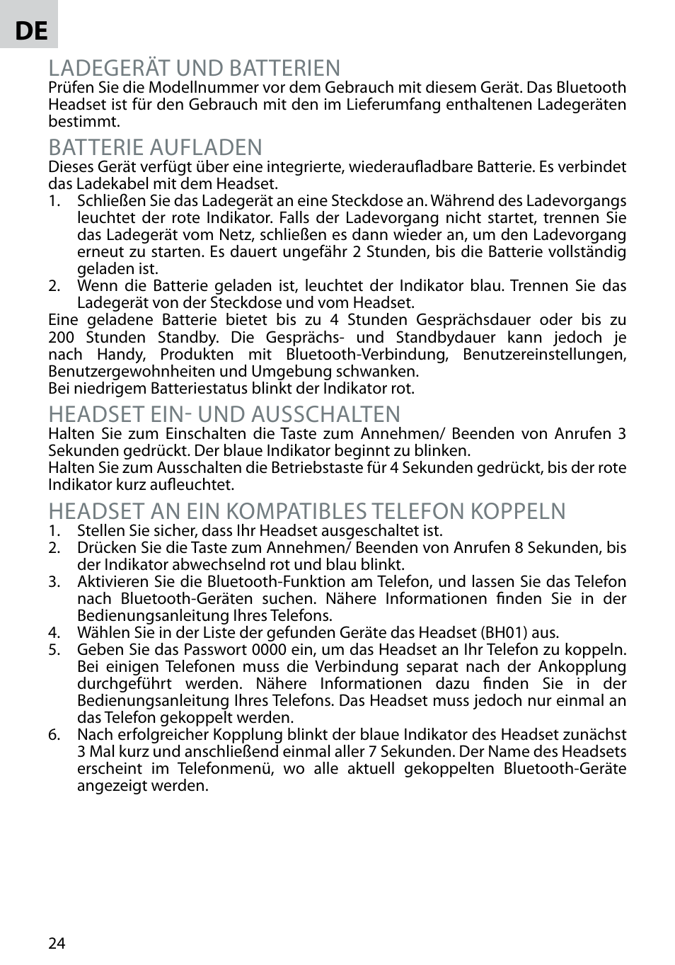 Ladegerät und batterien, Batterie aufladen, Headset ein- und ausschalten | Headset an ein kompatibles telefon koppeln | Acme BH-02 User Manual | Page 24 / 28