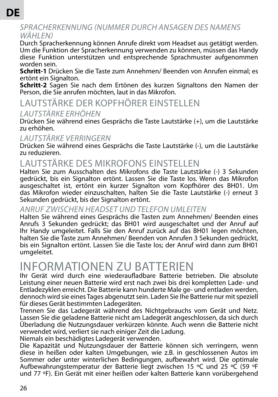 Informationen zu batterien, Lautstärke der kopfhörer einstellen, Lautstärke des mikrofons einstellen | Acme BH-02 User Manual | Page 26 / 28