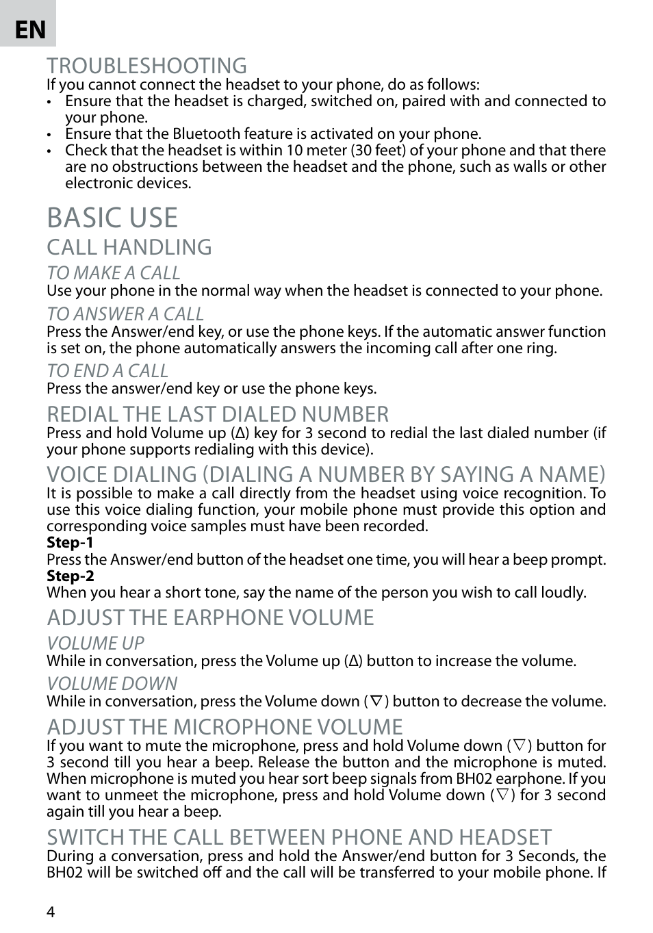 Basic use, Troubleshooting, Call handling | Redial the last dialed number, Voice dialing (dialing a number by saying a name), Adjust the earphone volume, Adjust the microphone volume, Switch the call between phone and headset | Acme BH-02 User Manual | Page 4 / 28