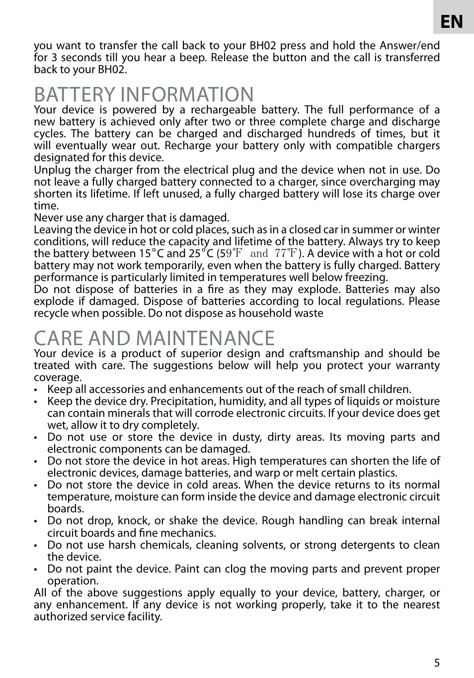 Battery information, Care and maintenance | Acme BH-02 User Manual | Page 5 / 28