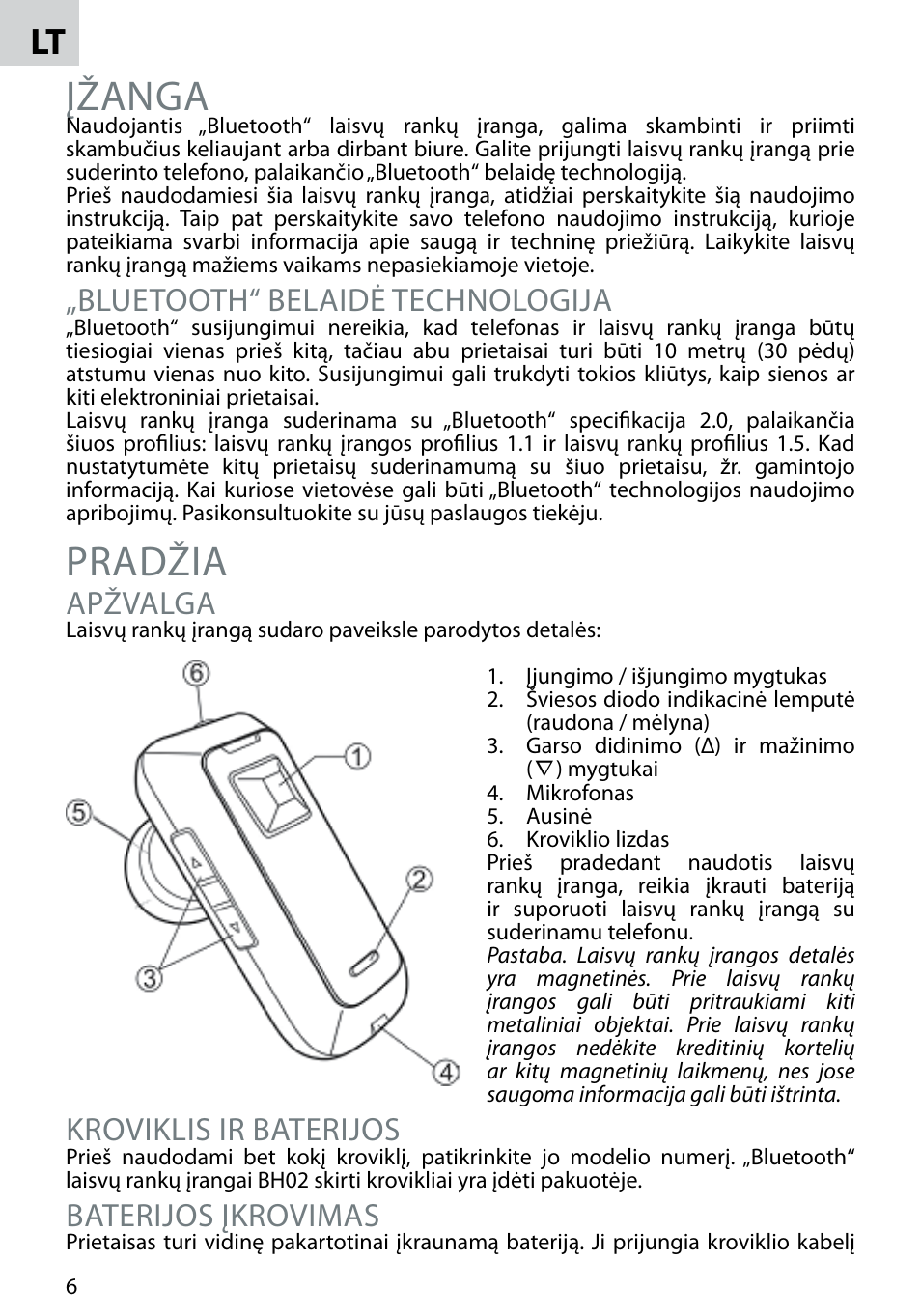 Įžanga, Pradžia, Bluetooth“ belaidė technologija | Apžvalga, Kroviklis ir baterijos, Baterijos įkrovimas | Acme BH-02 User Manual | Page 6 / 28