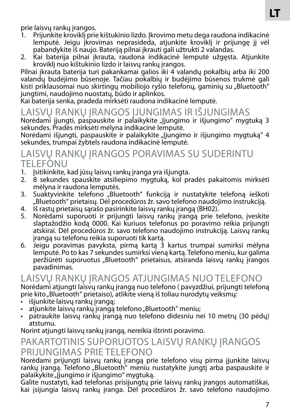 Laisvų rankų įrangos įjungimas ir išjungimas, Laisvų rankų įrangos atjungimas nuo telefono | Acme BH-02 User Manual | Page 7 / 28