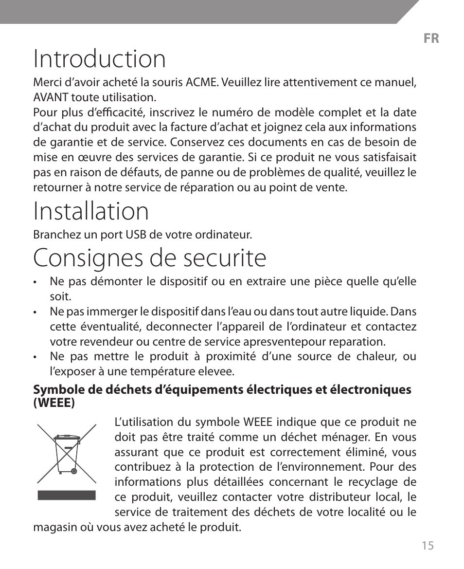 Introduction, Installation, Consignes de securite | Acme MS09 User Manual | Page 15 / 30