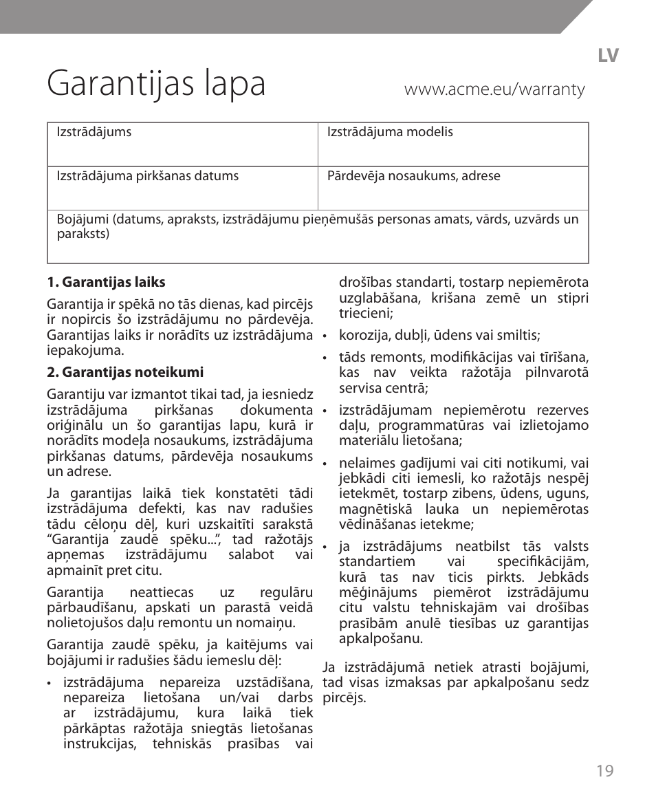 Garantijas lapa | Acme MS09 User Manual | Page 19 / 30