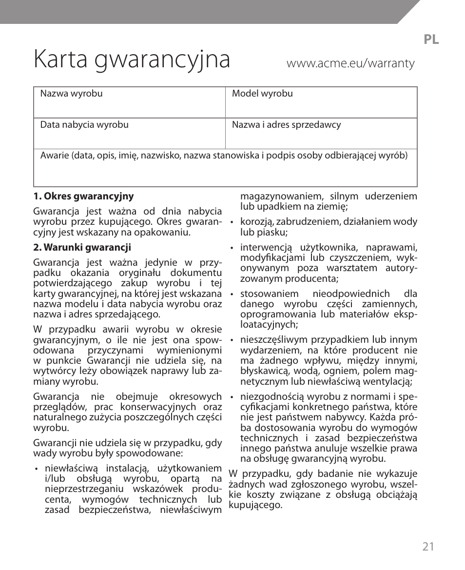 Karta gwarancyjna | Acme MS09 User Manual | Page 21 / 30