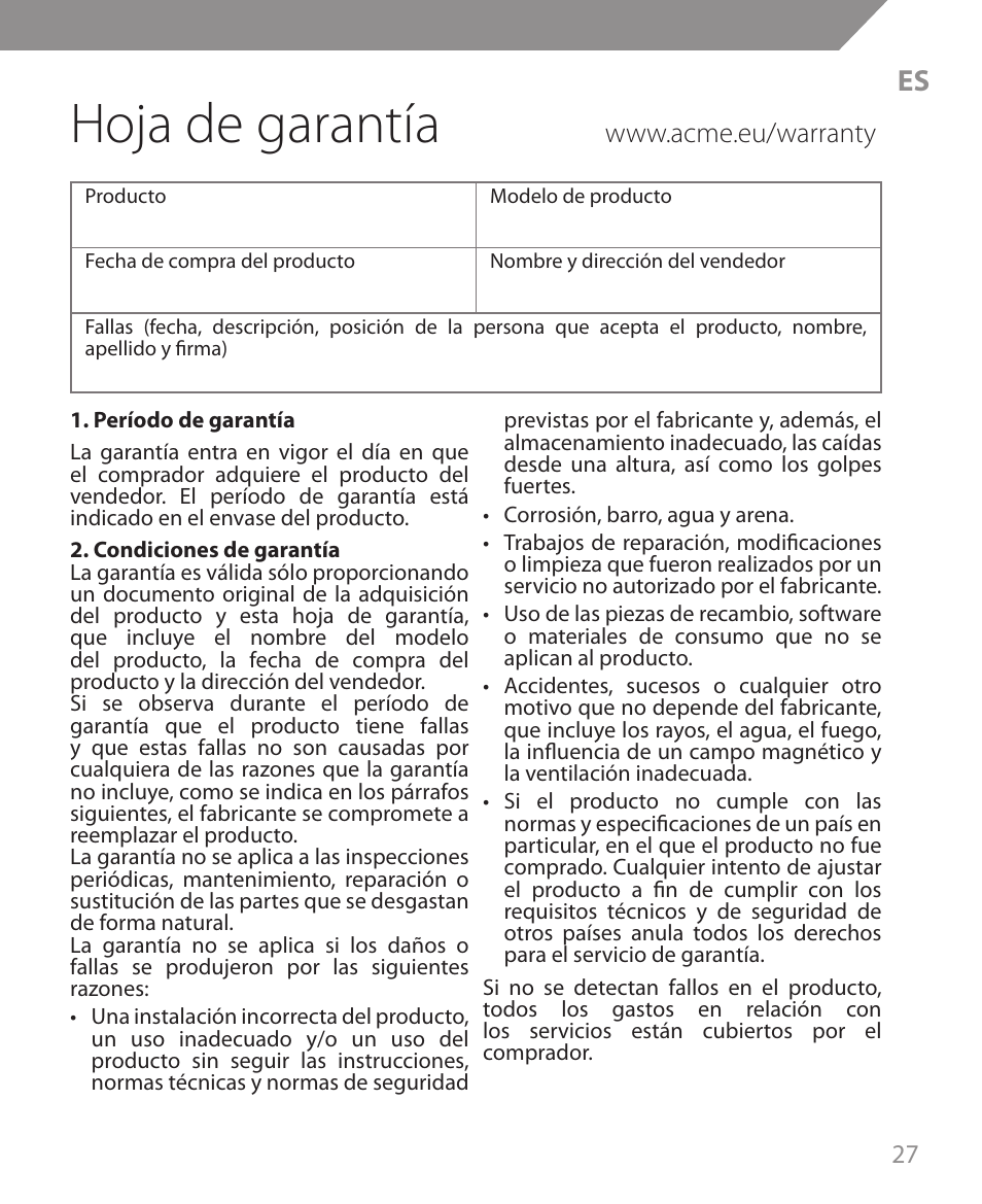 Hoja de garantía | Acme MS09 User Manual | Page 27 / 30