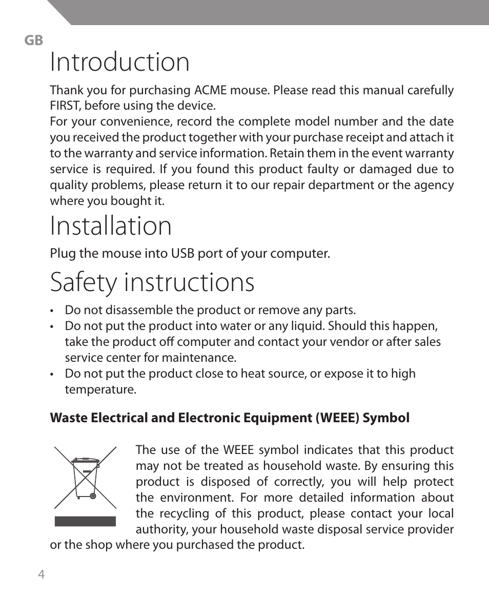 Introduction, Installation, Safety instructions | Acme MS09 User Manual | Page 4 / 30