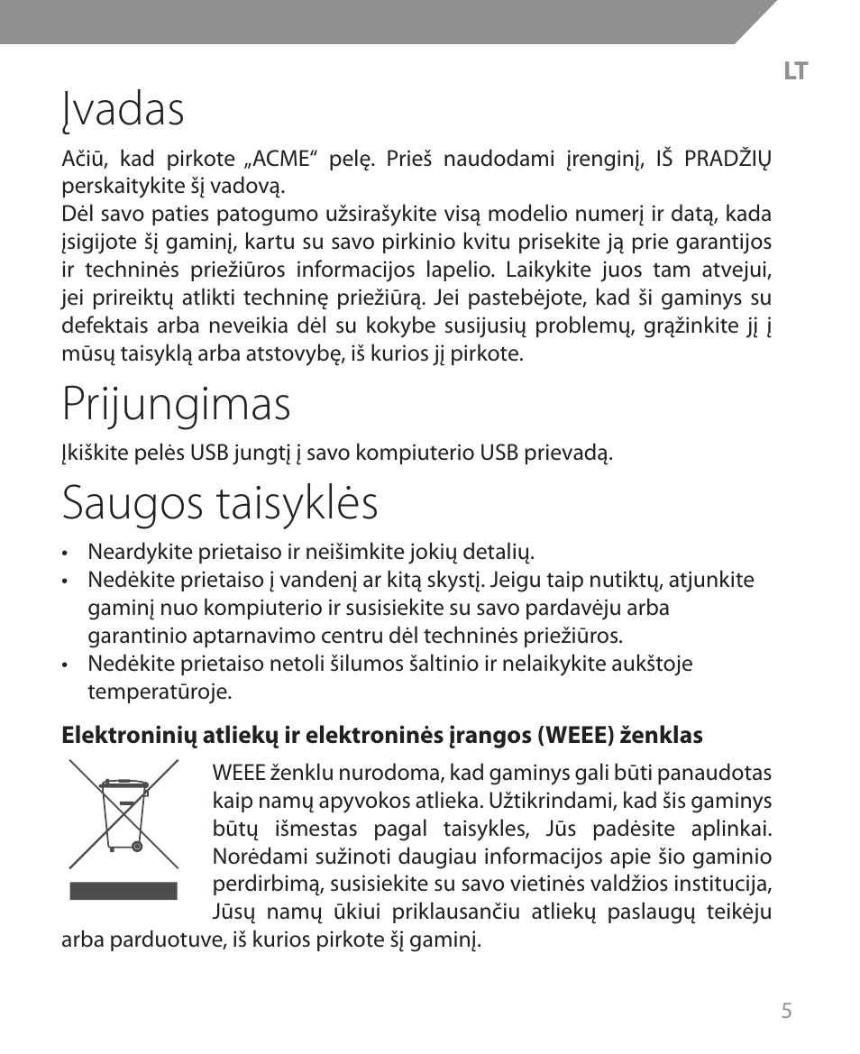 Įvadas, Prijungimas, Saugos taisyklės | Acme MS09 User Manual | Page 5 / 30