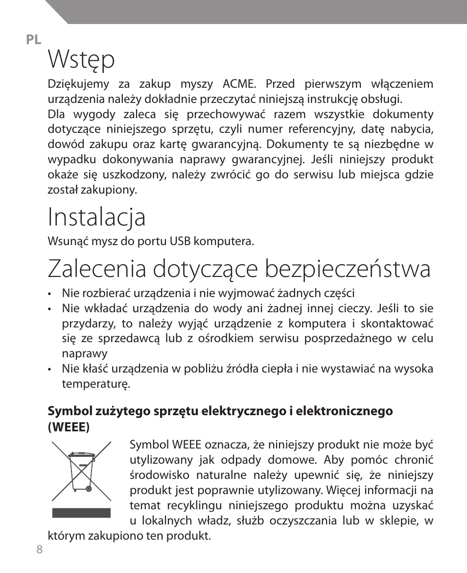 Wstęp, Instalacja, Zalecenia dotyczące bezpieczeństwa | Acme MS09 User Manual | Page 8 / 30
